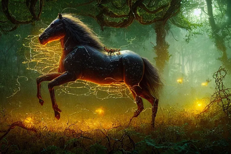 Prompt: a stunning swarm of fireflies forming a horse with a thick mane of bioluminescent vines and flowers running through the woods by greg rutkowski, high key lighting, volumetric light, digital art, highly detailed, fine detail, intricate, ornate, complex, octane render, unreal engine, photorealistic