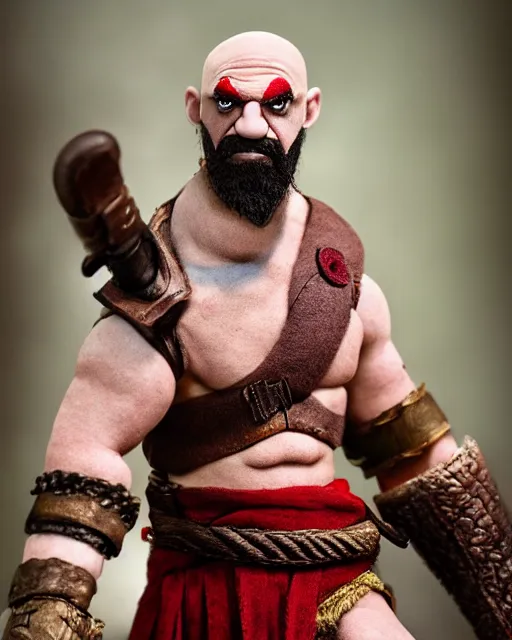 Prompt: kratos as a muppet. highly detailed felt. hyper real photo. 4 k.