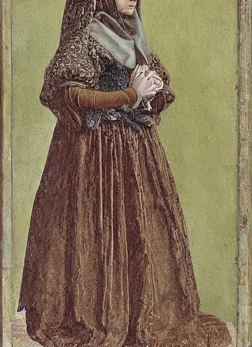 Prompt: portrait of young woman in medieval dress, art by jan van eyck,