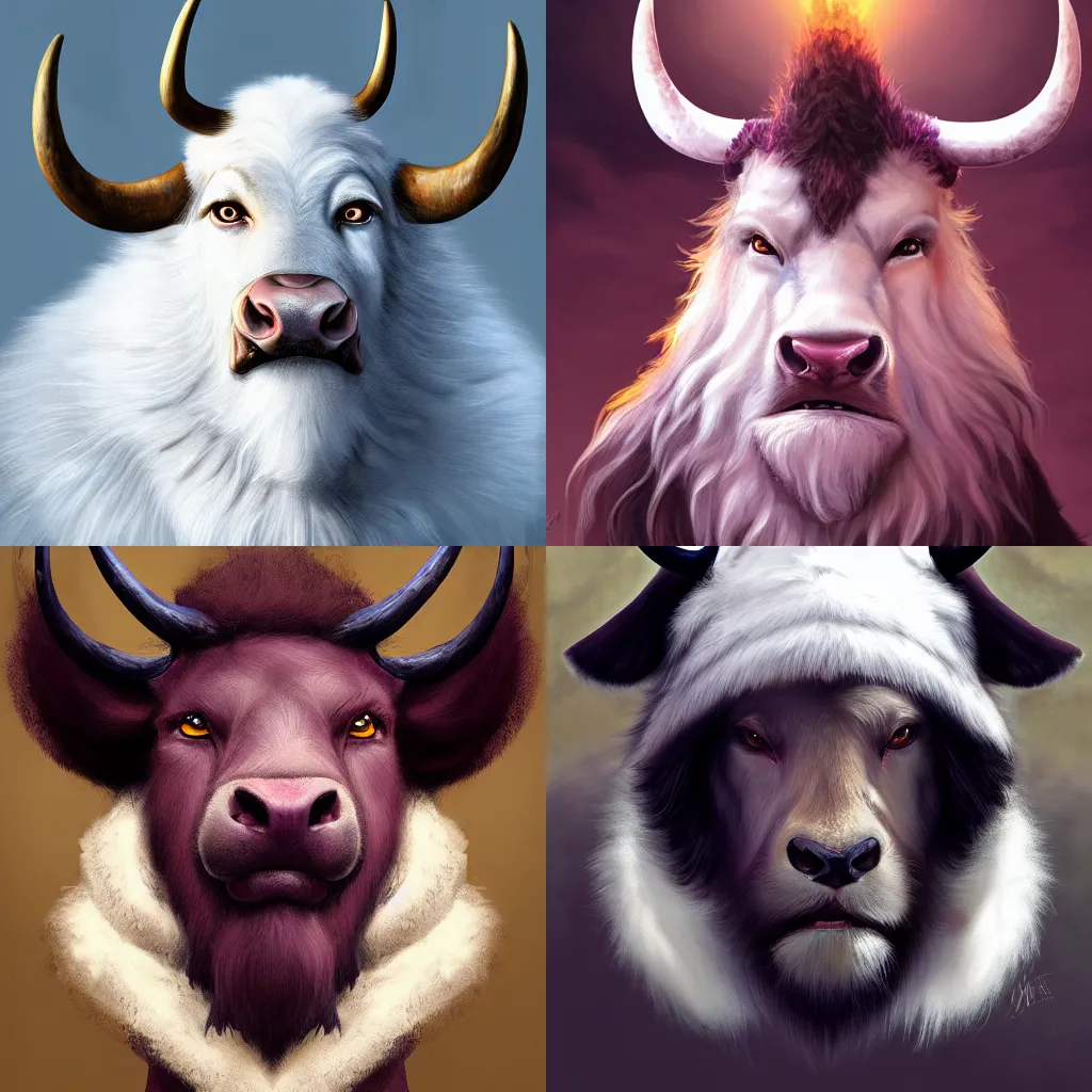 Prompt: portrait of a king with slightly bovine face, kind - looking, covered in white fur, wide horns, a short beard, wearing a purple mantle, medium shot, natural lighting, realistic, digital painting, highly detailed, sharp focus, fantasy illustration, artstation,