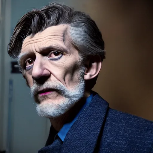 Image similar to tom holland as a rough dirty old man with a scruffy beard in a dark blue trenchcoat as the new doctor who, cinematic, volumetric lighting, f 8 aperture, cinematic eastman 5 3 8 4 film, photorealistic