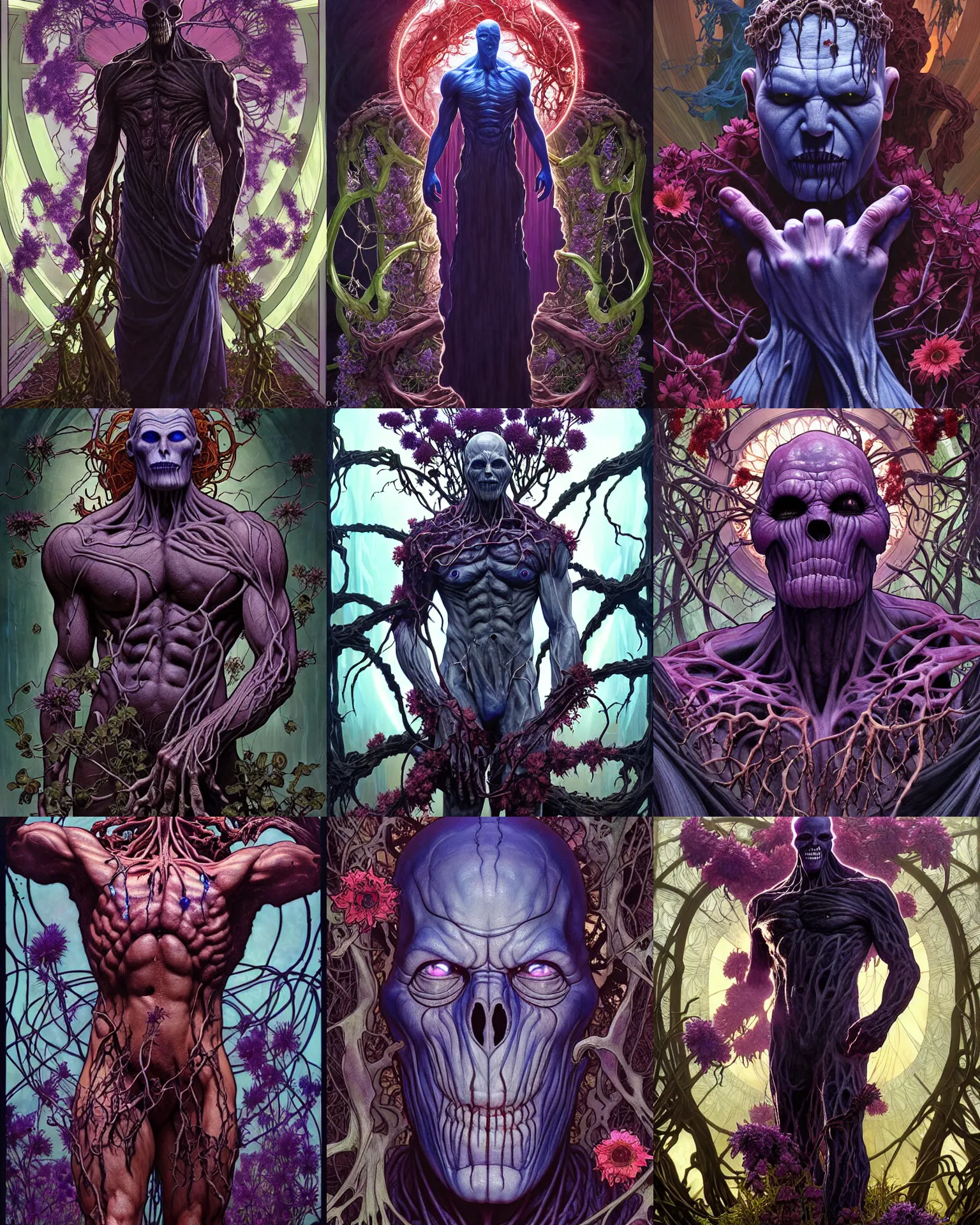 Prompt: the platonic ideal of flowers and roots of cletus kasady ultimate carnage thanos dementor doctor manhattan chtulu nazgul, detailed, intricate, hyperrealism, intense, scary, decay, dmt, art by brock hofer and artgerm and greg rutkowski and alphonse mucha