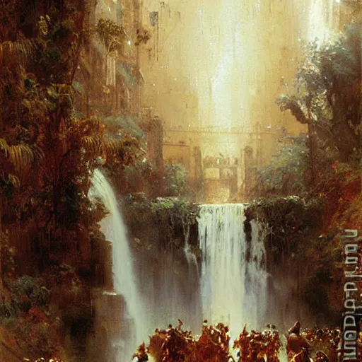 Prompt: waterfall flooding an entire city. victorian age. highly detailed painting by gaston bussiere, craig mullins, j. c. leyendecker