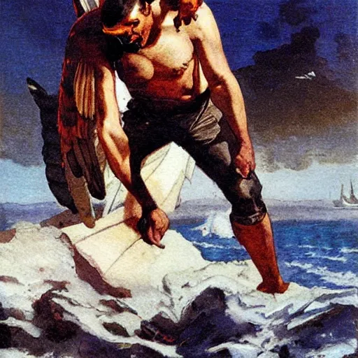 Prompt: stout cortez with eagle eyes stared at the pacific and all his men looked at each other with a wild surmise silent, upon a peak in darien, by jean deville, by dean cornwell,