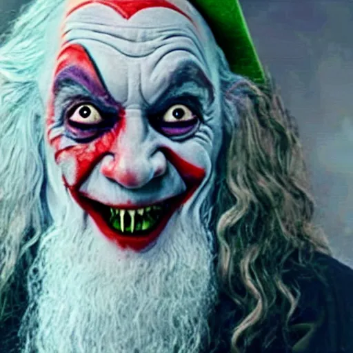 Image similar to film still of Ian McKellan As a Gandalf Joker hybrid, from the new joker film