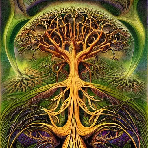 Image similar to tree of life by roger dean and andrew ferez, art forms of nature by ernst haeckel, divine chaos engine, symbolist, visionary, art nouveau, botanical fractal structures, lightning, surreality, lichtenberg figure