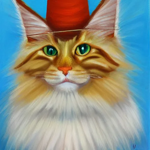 Prompt: Portrait Oil Painting, Ginger Maine-Coon with a white fluff wearing a sombrero sombrero