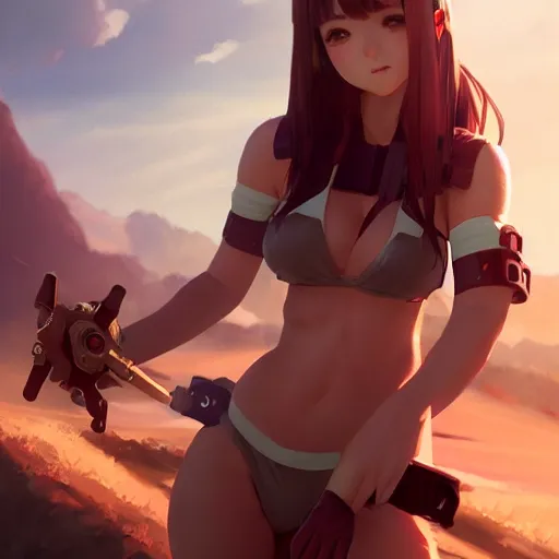 Prompt: kodak portra. by wlop, ilya kuvshinov, krenz cushart, greg rutkowski, trending on pixiv. zbrush sculpt, octane, maya, houdini, vfx. cute anime girl wearing bikini armor. digital painting. cinematic dramatic atmosphere, sharp focus, volumetric lighting.