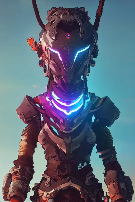 Image similar to combination suit armor aloy horizon forbidden west horizon zero dawn radiating a glowing aura global illumination ray tracing hdr fanart arstation by ian pesty and alena aenami artworks in 4 k tribal robot ninja mask helmet backpack