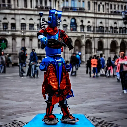 Image similar to a futuristic cyberpunk jester robot entertaining a crowd on a small box in the middle of the city square