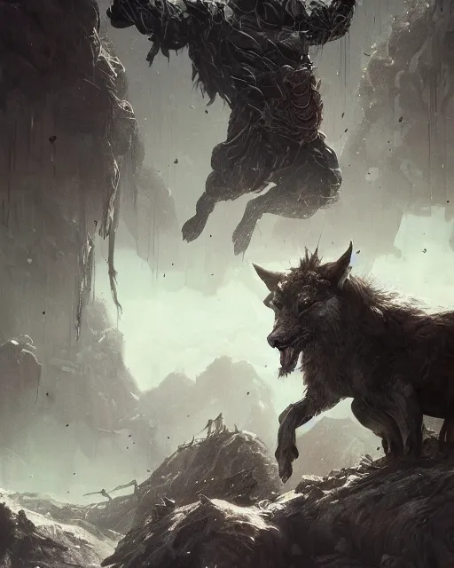 Image similar to A minotaur as a wolf, terrifying face, fantasy art, monster art, in the style of greg rutkowski, illustration, epic, fantasy, intricate, hyper detailed, artstation, concept art, smooth, sharp focus, ray tracing