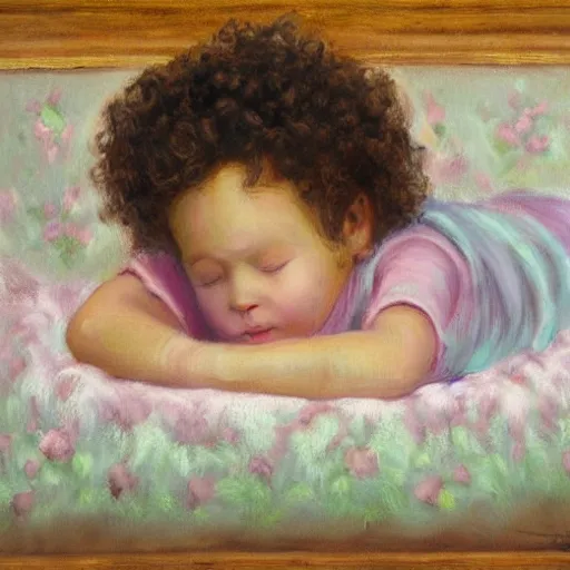 Image similar to a small curly headed child sleeping in a crib, beautiful painting, pastel colors, oil on canvas