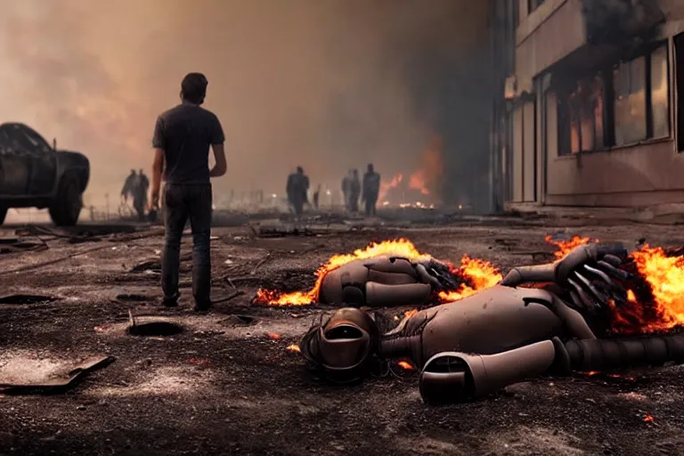 Image similar to vfx film closeup, dead robot couple on the ground holding hands, city street tire tracks fire. flat color profile low - key lighting award winning photography arri alexa cinematography, hyper real photorealistic cinematic atmospheric cool colorgrade