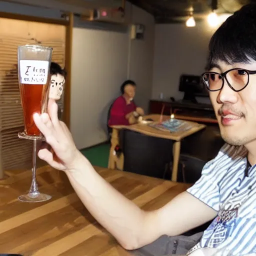 Prompt: real photo of japanese video game designer zun drinking a single beer