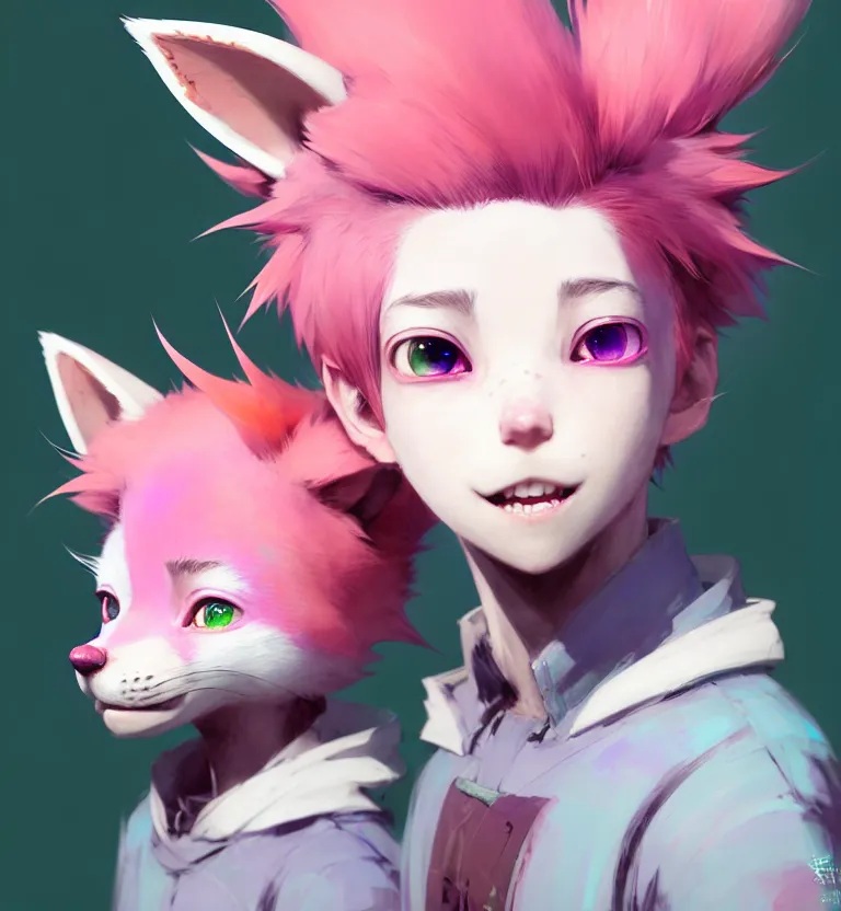 Image similar to a beautiful headshot portrait of a cute anime male boy with pink hair and pink fox ears and piercings and green eyes. character design by cory loftis, fenghua zhong, ryohei hase, ismail inceoglu and ruan jia. artstation, volumetric light, detailed, photorealistic, fantasy, rendered in octane