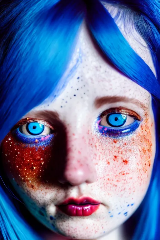 Prompt: close - up portrait of a blue - haired girl with glowing freckles and glowing cherry - colored eyes, fantasy art, victorian era, renaissance painting, realism, antique, epic, realistic, high quality, high resolution, lossless quality, lossless quality, 8 k, hdr, 4 k, 8 k resolution, 1 6 k resolution, 8 k quality