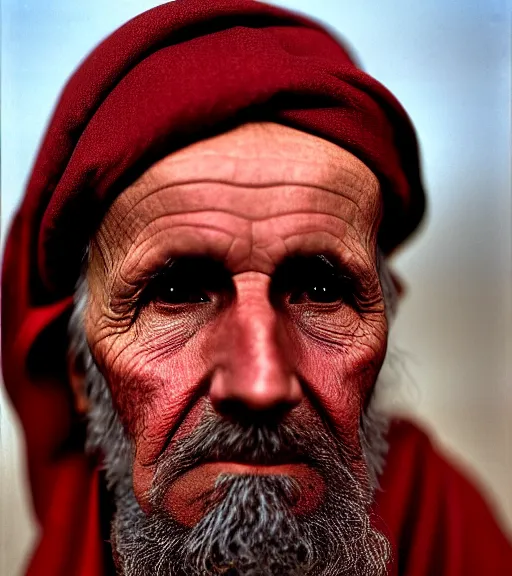 Image similar to portrait of president calvin coolidge as afghan man, green eyes and red scarf looking intently, photograph by steve mccurry