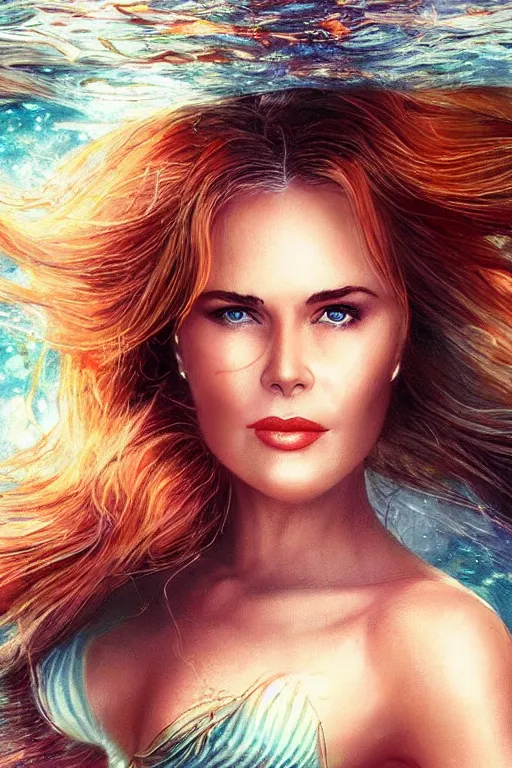 Image similar to mix of beautiful young maria shriver, mariel hemmingway, brooke shields, nicole kidman and elle macpherson as an underwater mermaid, thin lips, hair tied up in a pony tail, dark blonde hair, colorful, artstation, cgsociety