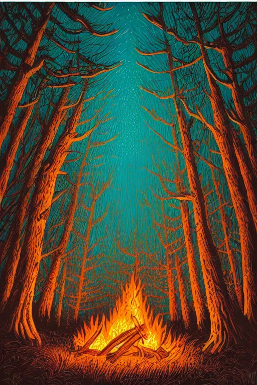 Prompt: A bonfire in the forest by Dan Mumford