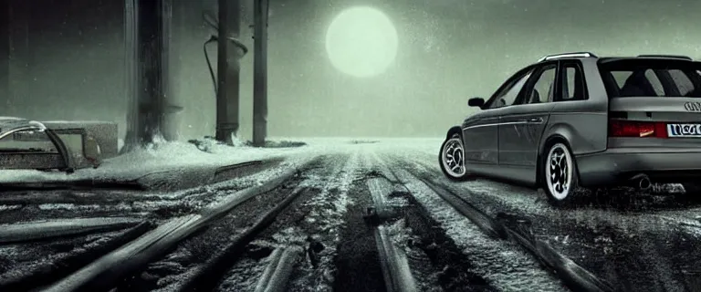 Image similar to Audi A4 B6 Avant (2002), a gritty neo-noir, dramatic lighting, cinematic, eerie person, death, homicide, homicide in the snow, viscera splattered, gunshots, bullet holes, establishing shot, extremely high detail, photorealistic, fire, arson, cinematic lighting, artstation, by simon stalenhag, Max Payne (PC) (2001) winter New York at night, In the style of Max Payne 1 graphic novel, flashing lights, Poets of the Fall - Late Goodbye