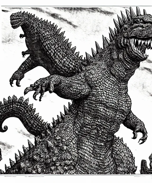 Prompt: godzilla as a d & d monster, full body, pen - and - ink illustration, etching, by russ nicholson, david a trampier, larry elmore, 1 9 8 1, hq scan, intricate details, stylized border