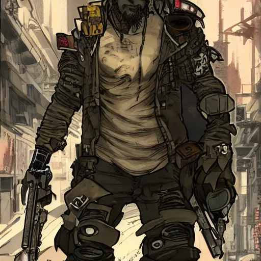 Prompt: a post-apocalyptic cyberpunk grimdarka bandit-raider leader in the style of leonard boyarsky in the style of Yoji Shinkawa detailed realistic HD 8k High Resolution