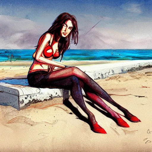 Image similar to lady at the beach by enki bilal artstation