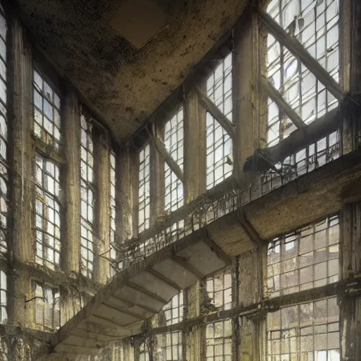 Image similar to i climb up on the endless stairs inside this decayed hitech brutalist building, rays of lights breaking through the holes in the walls, ruined litter, monumental, global illumination, by rhads and ferdinand knab and makoto shinkai and alphonse mucha