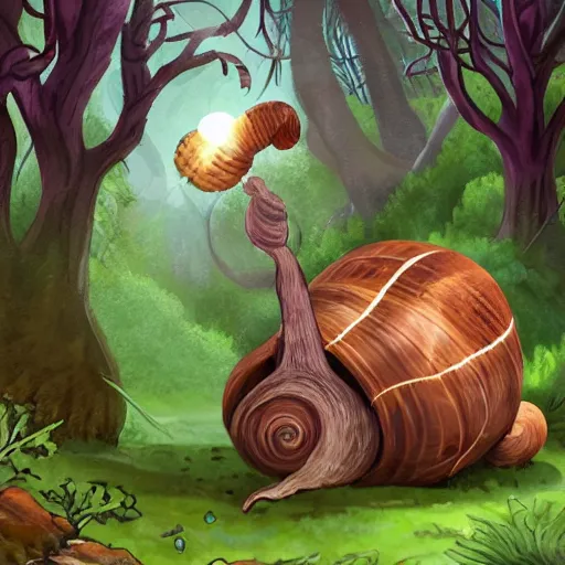 Image similar to friendly giant snail in fantasy feywild swamp, illustration