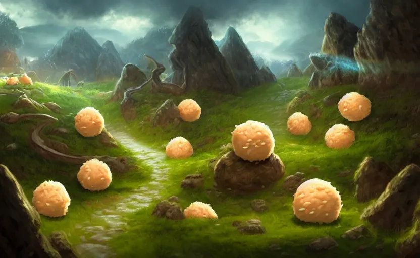 Prompt: magic : the gathering fantasy concept art of cute riceballs with excited faces bouncing down a mountain path, by marco bucci, high resolution, rice granules scattered all around, balls of rice, bouncing, fantasy coloring, intricate, digital painting, artstation, smooth, sharp focus