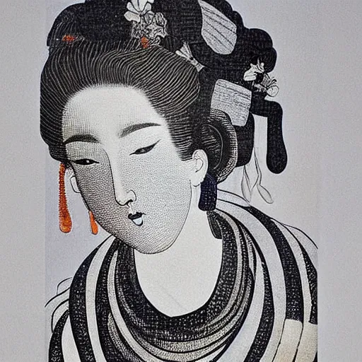 Image similar to Sculpture. A beatiful portrait of a young woman, pictured from the shoulders up, wearing a pearl necklace and earrings. She has blonde hair that is styled in loose curls, and she is looking to the side with a soft expression. cool indigo by Katsushika Hokusai, by Mat Collishaw robust
