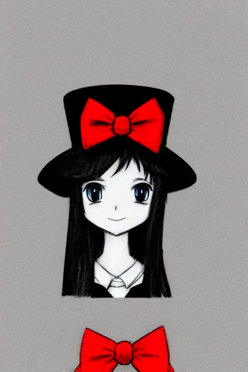 Prompt: highly detailed, cute loli in a tall black top hat, red bow, face profile, pencil sketch, gray scale, anime style