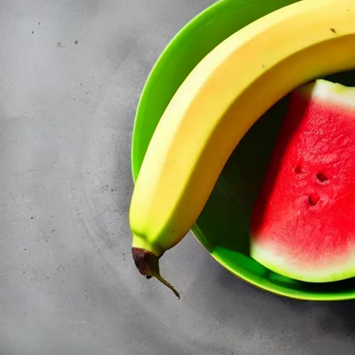 Prompt: a banana sitting in a bowl with the skin of a watermelon