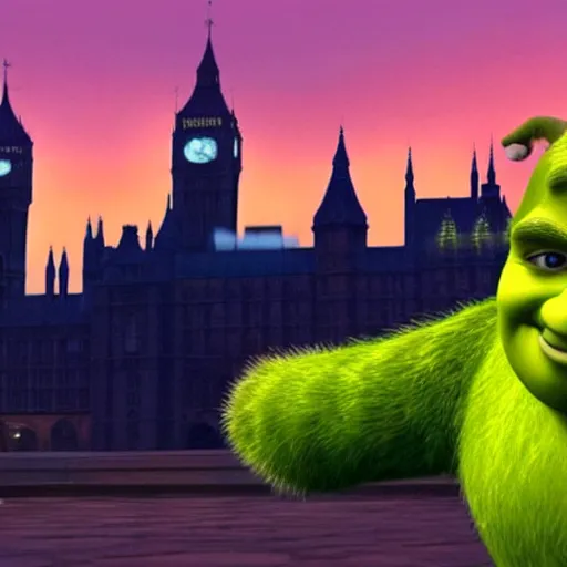 Image similar to a pixar animation of shrek wearing a police trafic suit in middle of london, raini day but whit a beautifull sunset