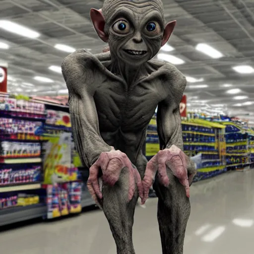 Image similar to gollum has giant chicken legs instead of his legs in a walmart