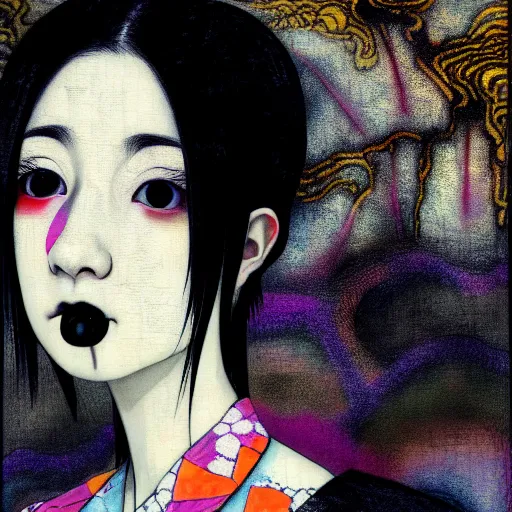 Prompt: yoshitaka amano blurred and dreamy realistic three quarter face view portrait of a young woman with black lipstick and black eyes wearing dress suit with tie, junji ito abstract patterns in the background, satoshi kon anime, noisy film grain effect, highly detailed, renaissance oil painting, weird portrait angle, blurred lost edges