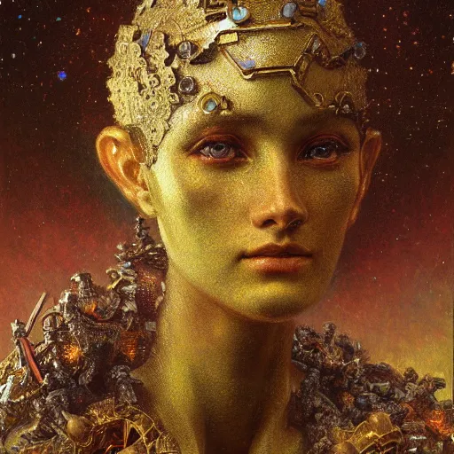 Prompt: highly detailed portrait of an humanoid robotic galaxy mecha, painting by gaston bussiere, craig mullins, j. c. leyendecker, lights, art by ernst haeckel, john william godward, hammershøi,