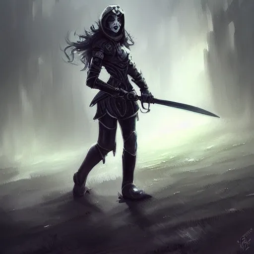 Prompt: a girl in black armor holding a scythe, medieval soldiers marching, dark fantasy concept art, by andreas rocha