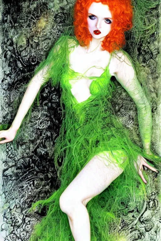 Image similar to full body portrait of lily cole as delirium from sandman, wearing a green dress and fishnet stockings by luis royo