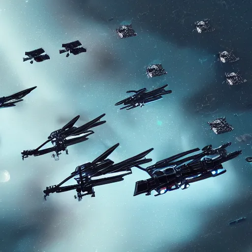 Prompt: swarm of small identical spaceships, fighter drones, black background, the expanse, digital art, artstation