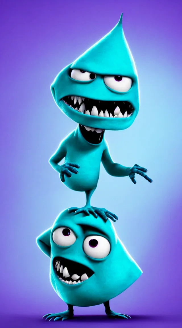 Image similar to a full studio shot of a virus as a pixar character against a dark cyan backdrop. it is cute, evil and adorable.