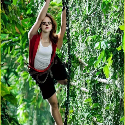 Image similar to emma watson hanging from and trapped in jungle vines