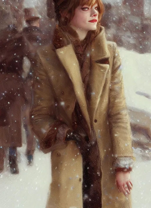 Prompt: emma stone in beige coat, close up, winter new york, snow, artwork by gaston bussiere, craig mullins, trending on artstation