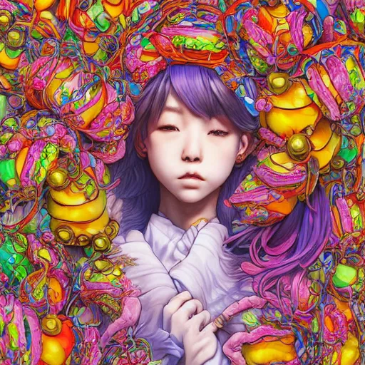 Image similar to the face of a ridiculously beautiful and cute japanese girl partially made of onion rings of all colors looking down, an ultrafine detailed illustration by james jean, final fantasy, intricate linework, bright colors, behance contest winner, vanitas, angular, altermodern, unreal engine 5 highly rendered, global illumination, radiant light, detailed and intricate environment