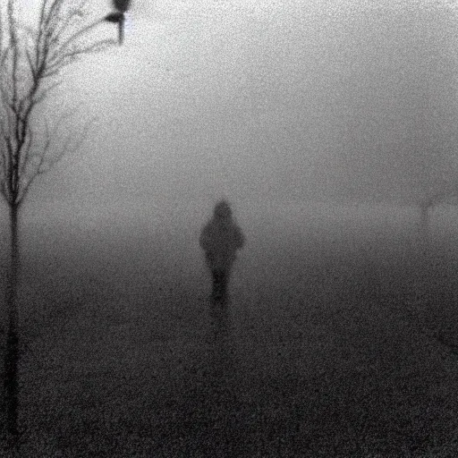 Prompt: a horrific creature in the fog, 3 5 mm, film shot, cctv footage