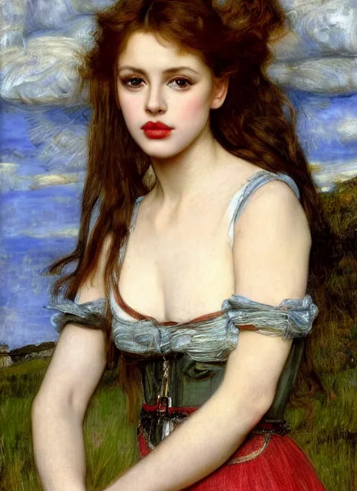 Image similar to a beautiful painting of young kylie minogue by John Everett Millais and Dante Gabriel Rossetti and John Collier and john william waterhouse, pre-raphaelite, detailed, trending on artstation, hd, masterpiece