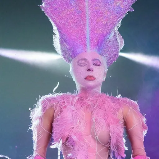 Prompt: Lady gaga in a pink dress standing in front of a crowd, a hologram by Alexander McQueen, trending on pexels, kitsch movement, made of feathers, ethereal, made of crystals
