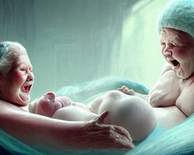 Image similar to of a very beautiful scene. ambient occlusion render. a sweet fat old woman is giving birth to her self as a sweet baby. hyper realistic. 4 k. wide angle. wild. symmetrical face, red mouth, blue eyes. deep focus, lovely scene. ambient occlusion render. concept art. unreal engine.