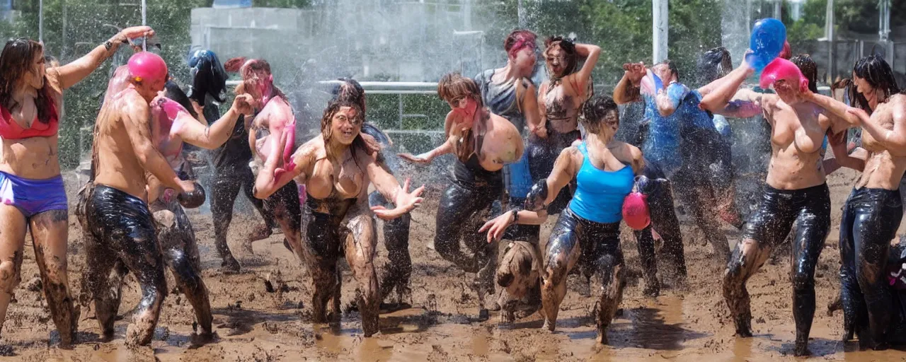 Prompt: feminists and anti - feminists engaged in an intense tactical water balloon fight and mud wrestling challenge as muscular men look on from the bleachers, in the style of marvel comics