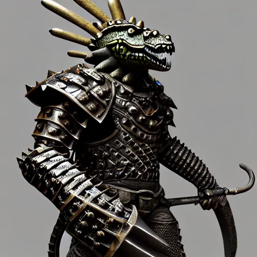Image similar to warrior with metal crocodile themed armour, highly detailed, 4 k, hdr, award - winning, octane render, artstation